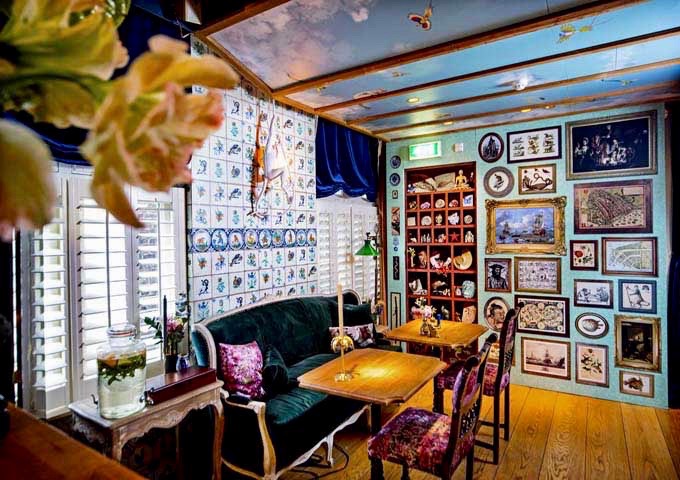 The lobby doubles as a guest lounge and bar.