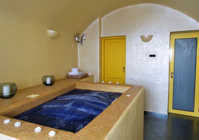 The appointment-only relaxation area features a massage room, steam room, and a heated jacuzzi.