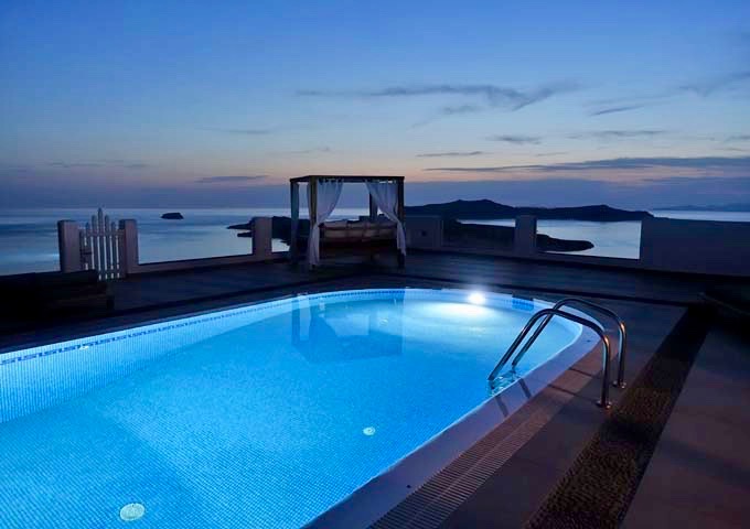 The pool glistens in the evenings.