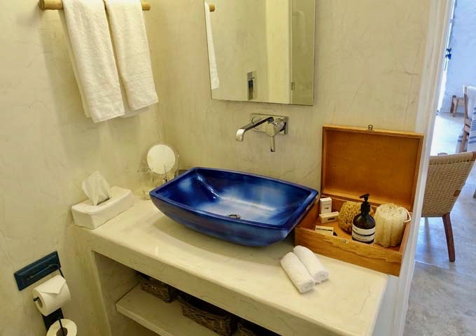 The bathroom is spacious and has luxury amenities.