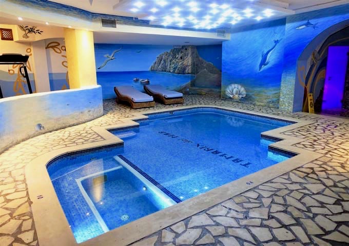 The heated indoor pool has hydrotherapy jets.