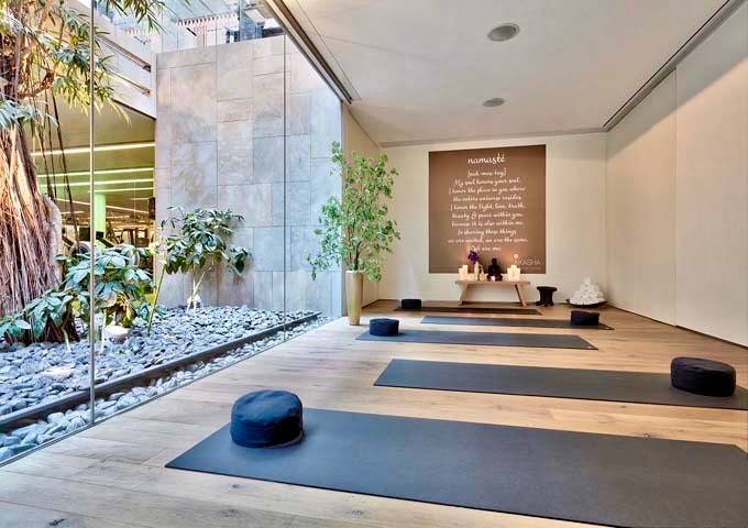 The yoga room offers daily classes.