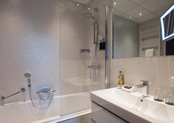 Most bathrooms have a bath-and-shower combo, while some have showers only.