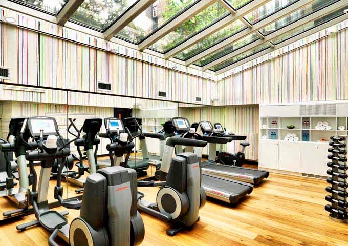 The gym is fully-equipped, and has a skylight.