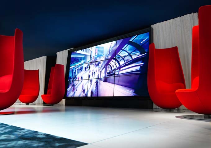 The hotel lobby showcases video art in several places.
