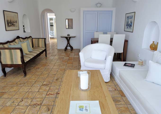 The living room features several aspects of classic Cycladic architecture.