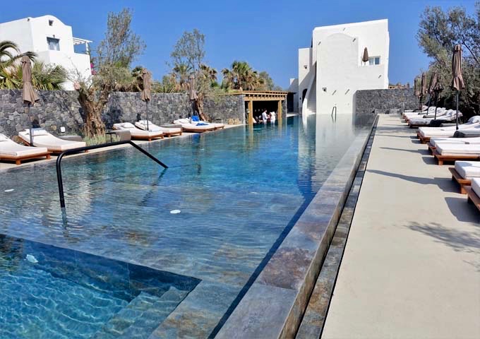 The hotel's infinity pool is one of Santorini's largest.