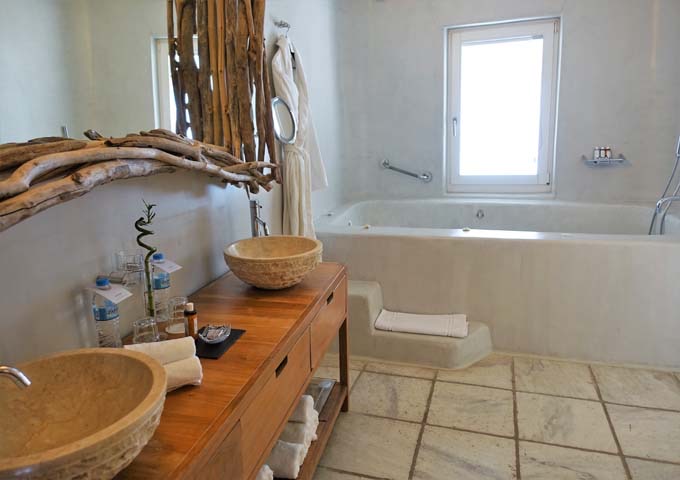 The bathroom also has a jetted bathtub.