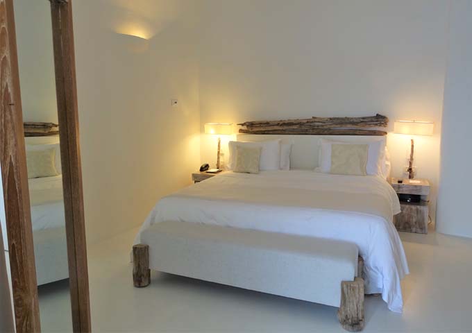The bedroom has a king bed and minimalistic decor.