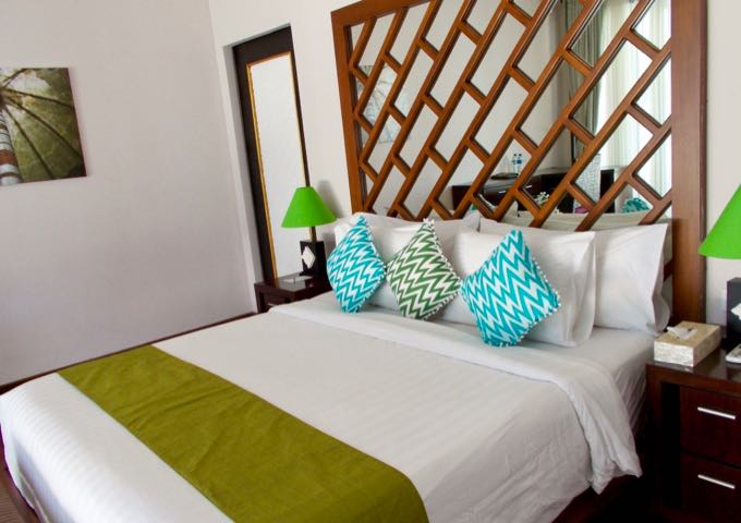 The bedroom themes are colorful and tropical.