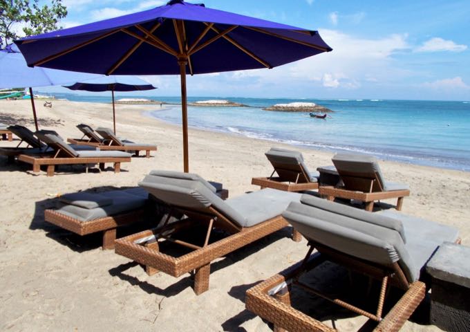 The best beach is in front of the Bali Dynasty resort 300m away.