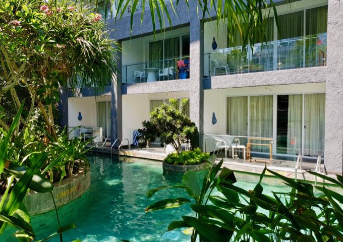 Ground floor suites have a patio that is connected to the main pool.