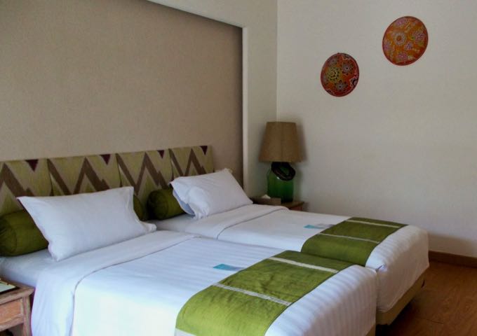 The spacious rooms have a colorful decor.