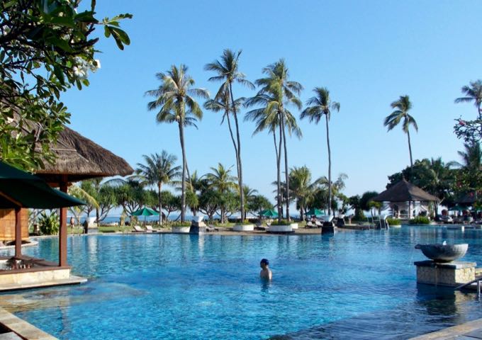The main pool has several palm trees giving it a very tropical vibe.