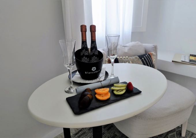 Guests are welcomes with champagne and fruits.
