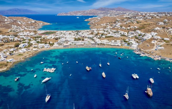 View of Mykonos Beaches from the helicopter from Santorini to Mykonos.