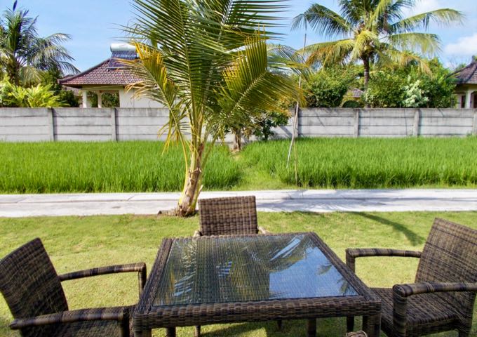 The resort is located near rice fields.