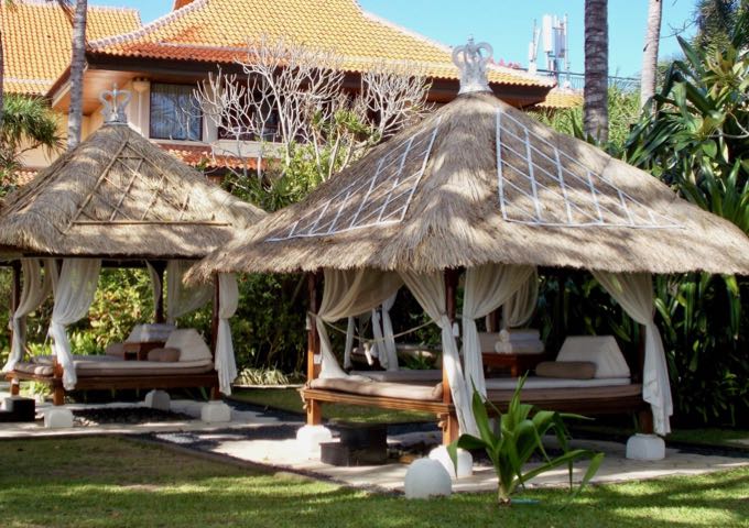 Gazebos for relaxing and massages are scattered around the resort gardens.