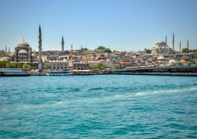 View of the old city of Istanbul from the distance, over blue water