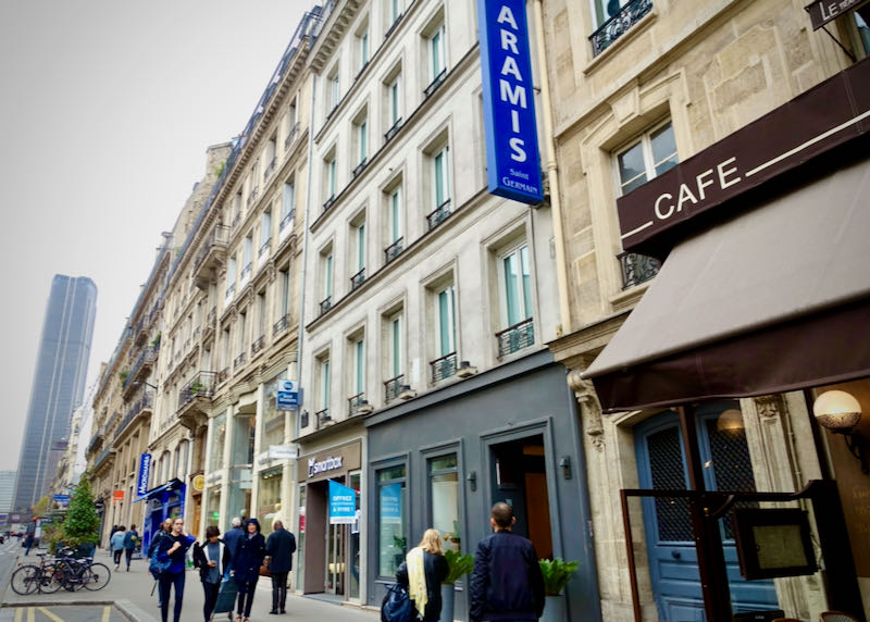 Exterior of a hotel on a busy paris street