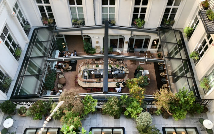 Hotel courtyard restaurant from above 