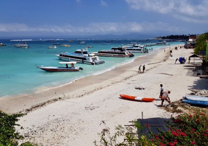 The Jungutbatu beach is scenic but often lined with boats.