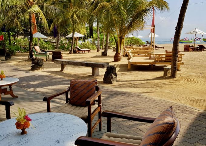 The hotel restaurant touches the public beachside path running through Sanur.