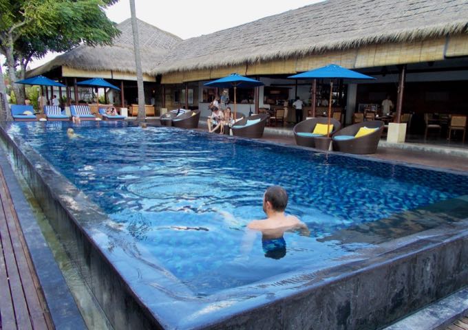 The resort pool is part of the Lembongan Beach Club and faces the ocean.