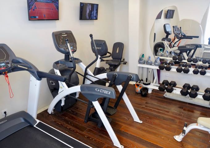 The small gym has basic cardio machines and free weights.