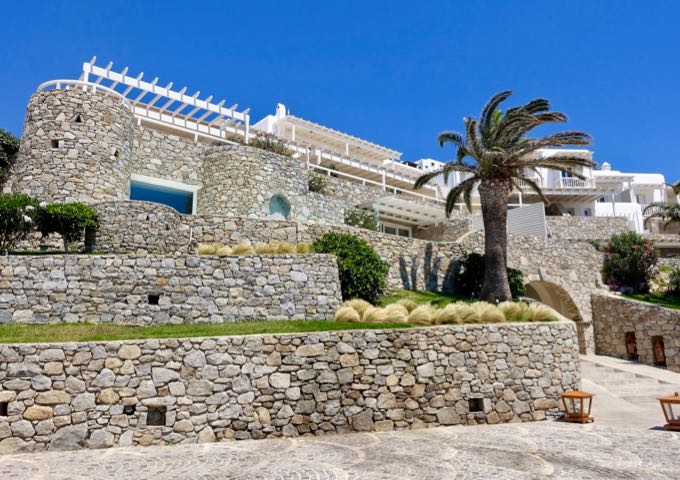 The hotel features traditional Mykonian architecture making it look like a fortress.