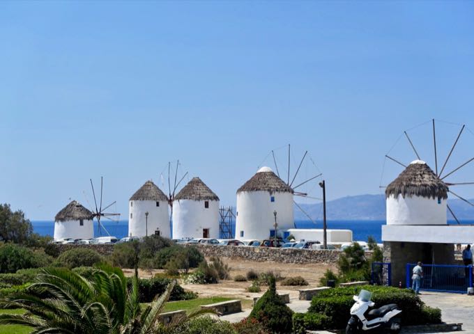 The hotel is located behind the 5 Kato Mili windmills.