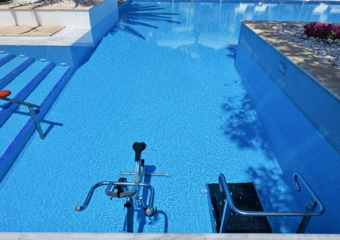 The pool comes with an underwater treadmill and exercise bike.