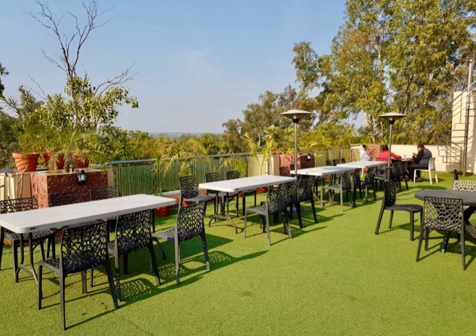 The rooftop restaurant offers distant views of the Taj Mahal.