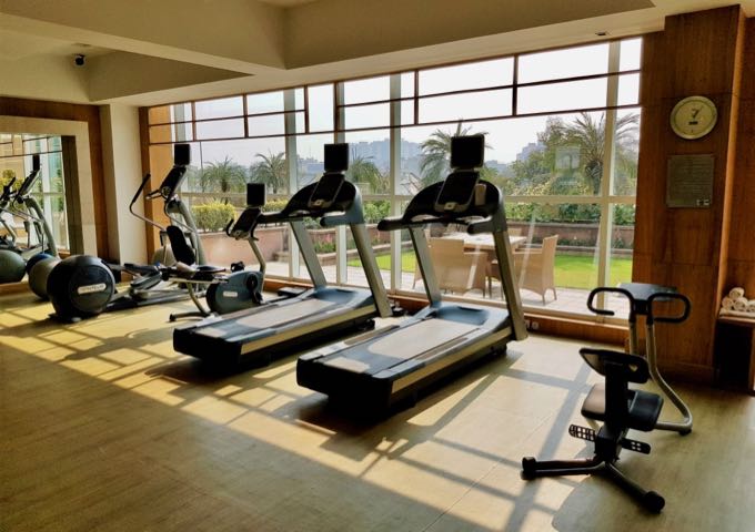 The gym is well-equipped and offers pool and garden views.