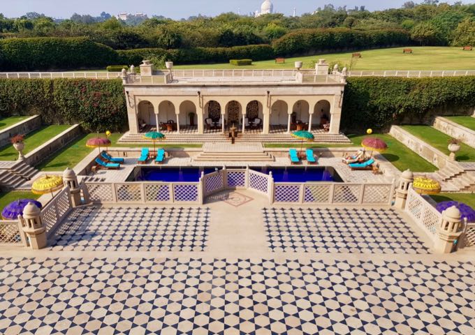 The extraordinary hotel gardens have Mughal-era themed tiles, fountains, courtyards, and statues.