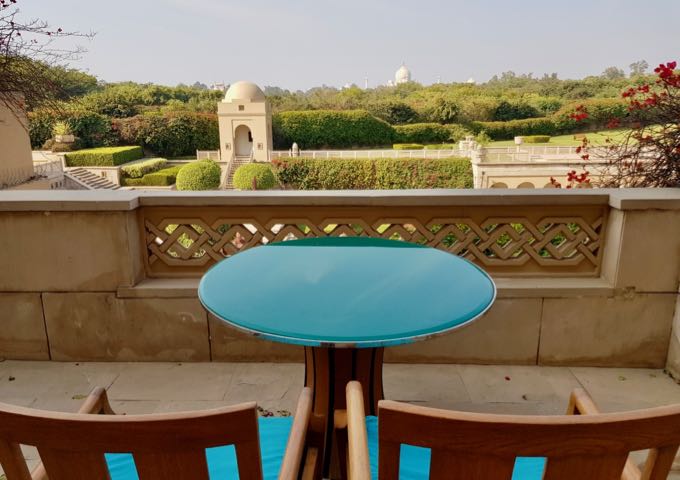 Some suite balconies offer views of the Taj Mahal.