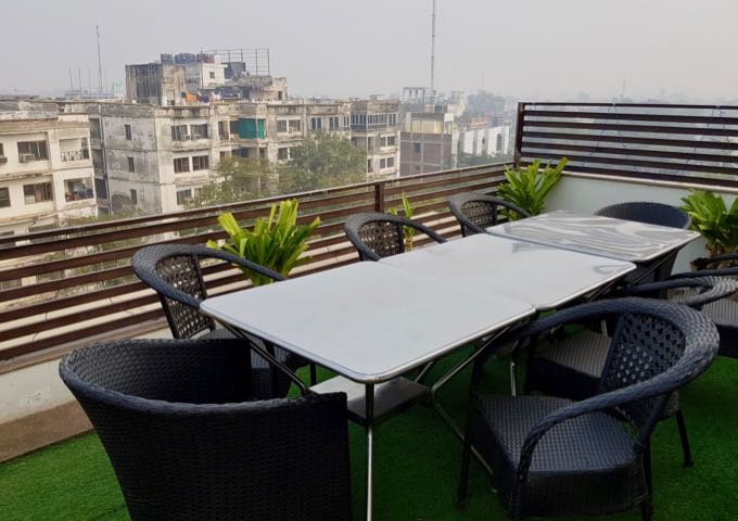 The rooftop offers panoramic views of the city.
