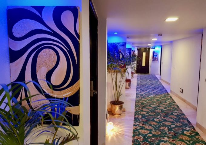 The hotel corridors feature funky art.