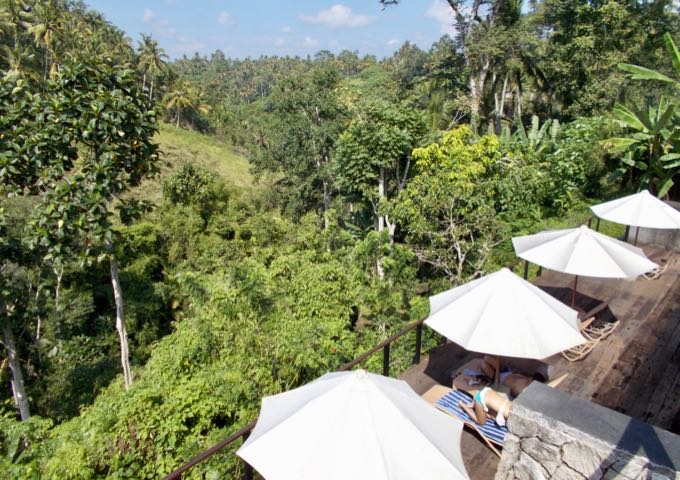 The resort offers views of the valleys, rice fields, and forest.
