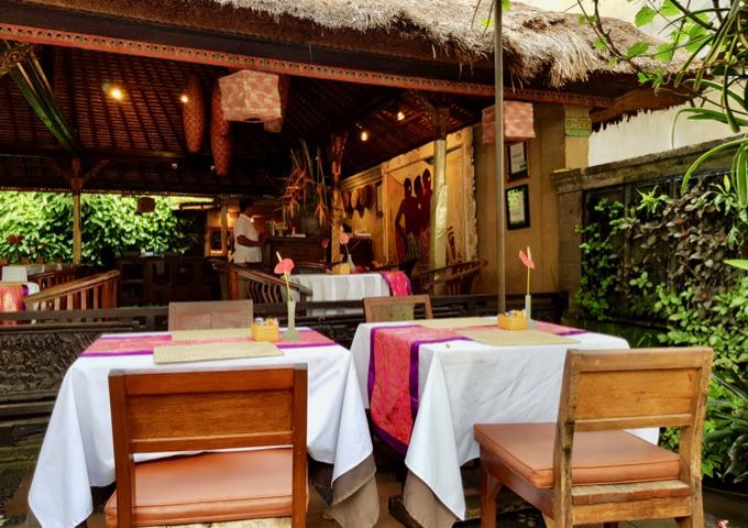 The elegant Ibu Rai Restaurant is at the junction where the hotel lane meets Monkey Forest road.