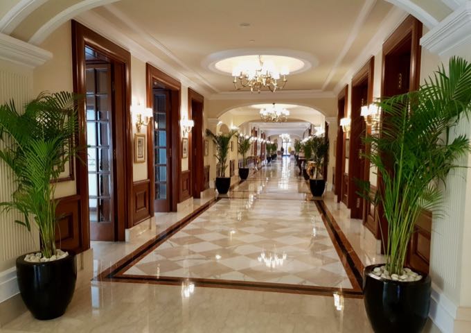 The lobby and corridors feature marble flooring.
