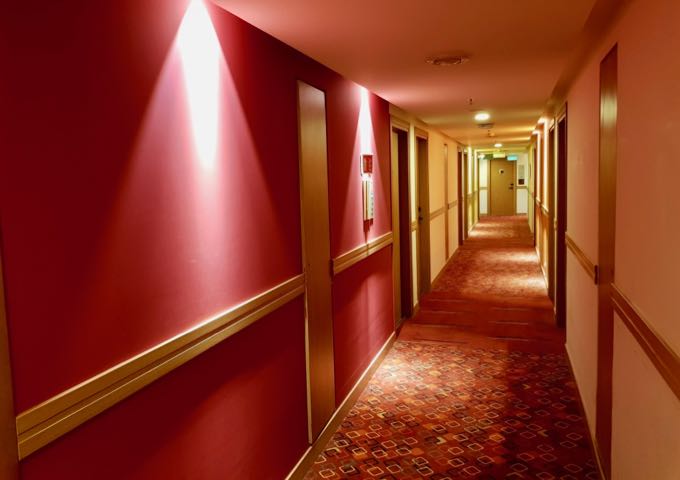 The corridors in the hotel are very colorful.