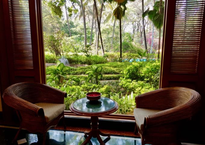 The lobby tables offers views of the extraordinary hotel gardens.