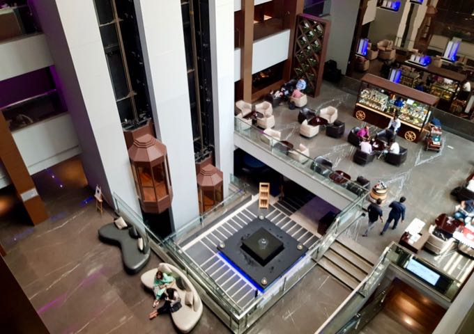 The lobby is located in an atrium.
