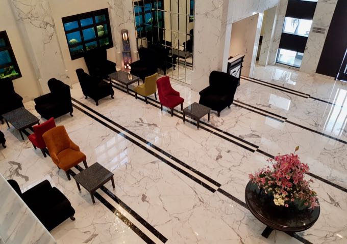 The small hotel has a large lobby.