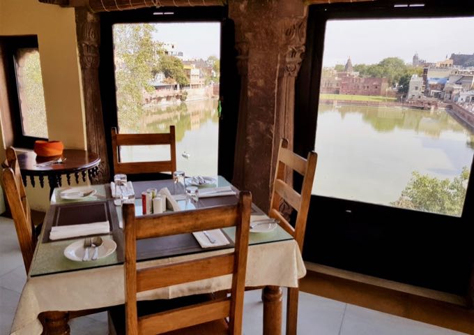 The on-site Jodhana restaurant offers views of the Old City and the lake nearby.