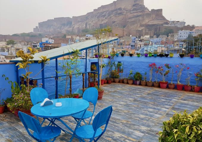 The rooftop offers excellent views of the Mehrangarh Fort and the Old City.