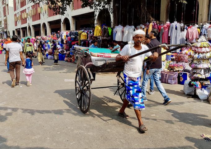 Human rickshaws still operate in the market areas.