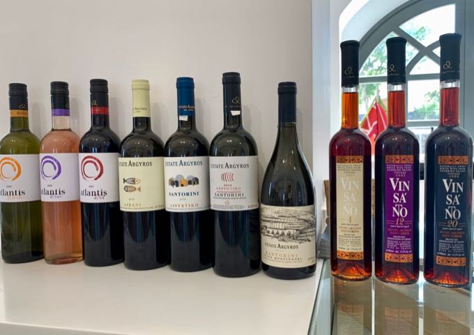 selection of Estate Argyros wines available for purchase in the winery shop