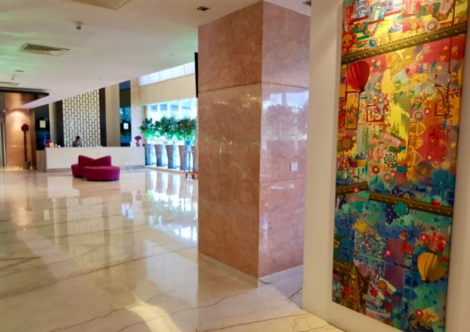 Contemporary art adorns the lobby walls.